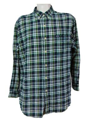 Vintage CHAPS Ralph Lauren Plaid Button-Front Flannel Shirt XL Green Blue White